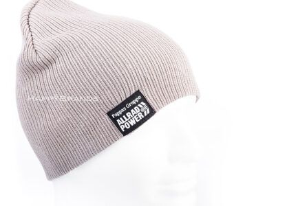 Nachhaltiges RPET-Strick-Beanie Rippoptik Firmenname Werbemotiv Label Merch