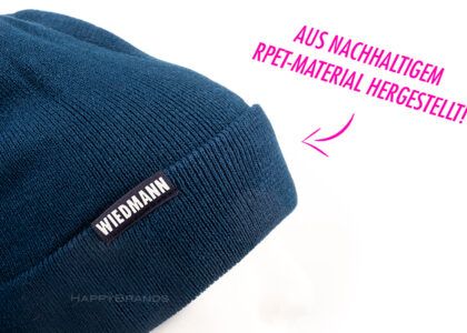 Sustainable promotional beanie made of RePET recycled material with fold-over edge giveaway