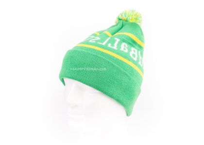 RPET bobble hat with woven company logo advertising motif advertising material