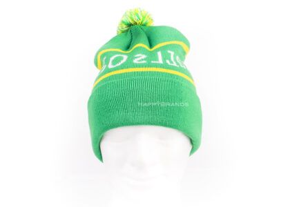 Regalo promozionale Cappello con pompon in RPET, scritta pubblicitaria, slogan intessuto